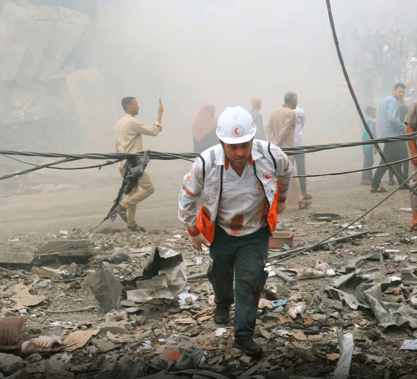 Palestine Red Crescent Society volunteers responding to the needs of people affected by the ongoing violence between Israel and Palestine.